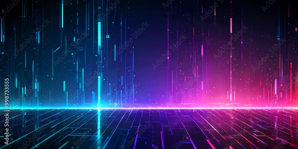 Poster a futuristic scene with a glowing blue and purple line cutting across a dark background, creating a 