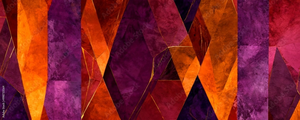 Aufkleber a vibrant abstract composition of overlapping geometric shapes in shades of orange, purple, and red, creating a dynamic and visually striking pattern