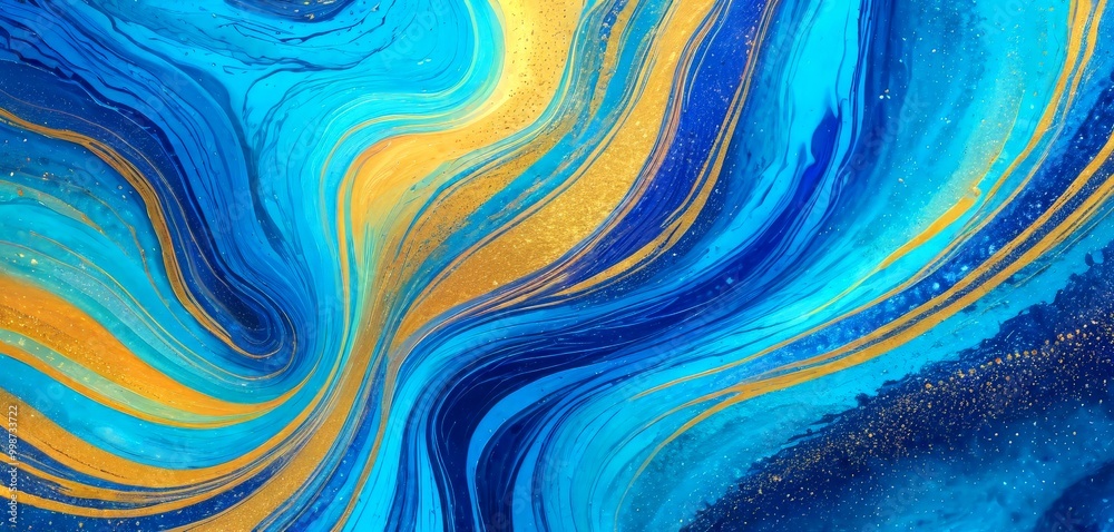 Fototapete a vibrant abstract painting with swirling patterns of blue, yellow, and gold colors, creating a dyna