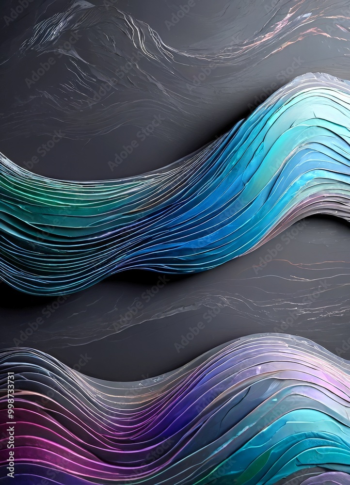 Aufkleber a digital art piece with a dark background and a wave-like pattern in shades of blue, purple, and pi