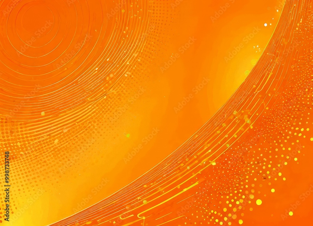 Poster a vibrant abstract background with a gradient of orange and yellow hues, interspersed with white dots and lines The central focus is a large, curved shape that appears to be