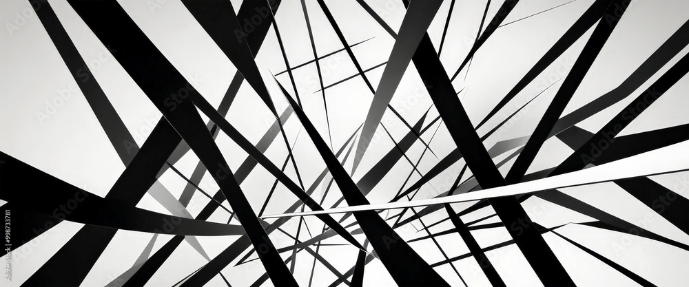 Poster a striking black and white abstract composition featuring intersecting lines and thin black and white shapes, creating a sense of depth and complexity