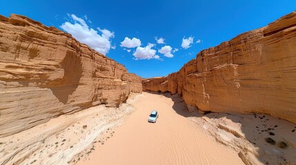 A scenic canyon illuminated by the warm light of the setting sun casting dramatic shadows on the rocky walls