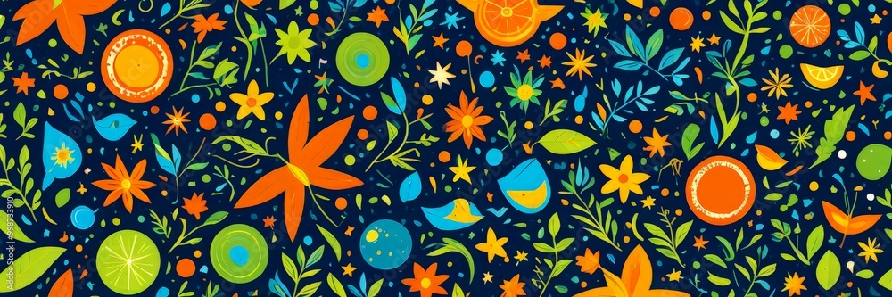 Poster a vibrant and playful pattern of various fruits and flowers against a dark background the pattern in