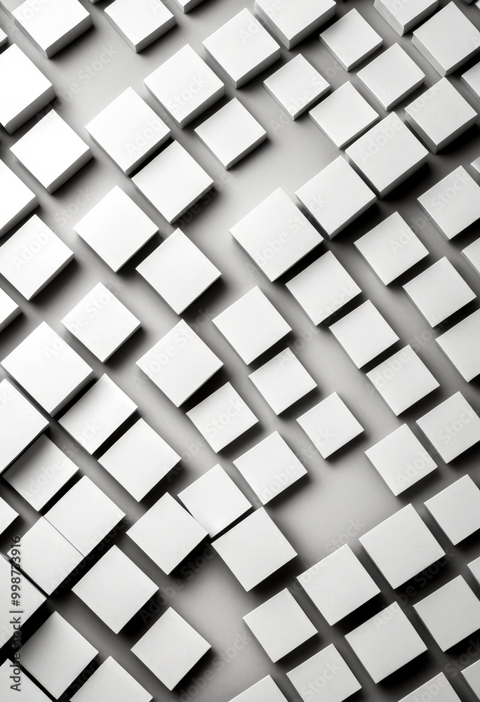 Poster a geometric pattern composed of numerous white cubes arranged in a diagonal grid The cubes vary in size and are positioned at different