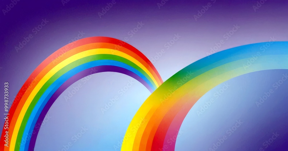 Poster two vibrant rainbow arcs, one in red and the other in blue, are set against a gradient purple backdr