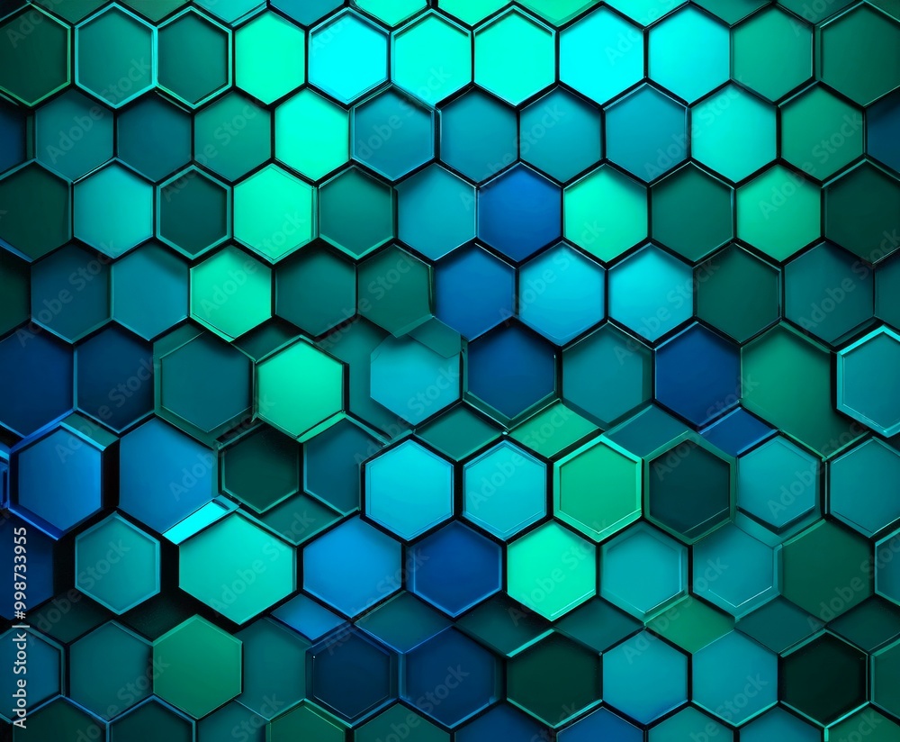 Poster a repeating pattern of hexagonal shapes in various shades of blue and green, creating a visually striking and abstract background