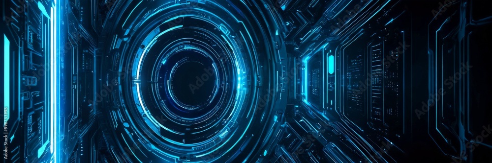 Poster a futuristic, cyberpunk-inspired scene, featuring a circular, glowing tunnel with a black center and
