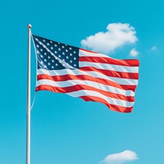 A vibrant American flag waving against a clear blue sky, symbolizing patriotism and freedom.
