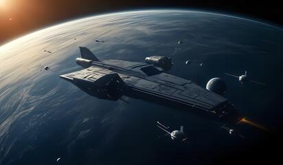 Obraz premium Spaceship Orbits Earth
