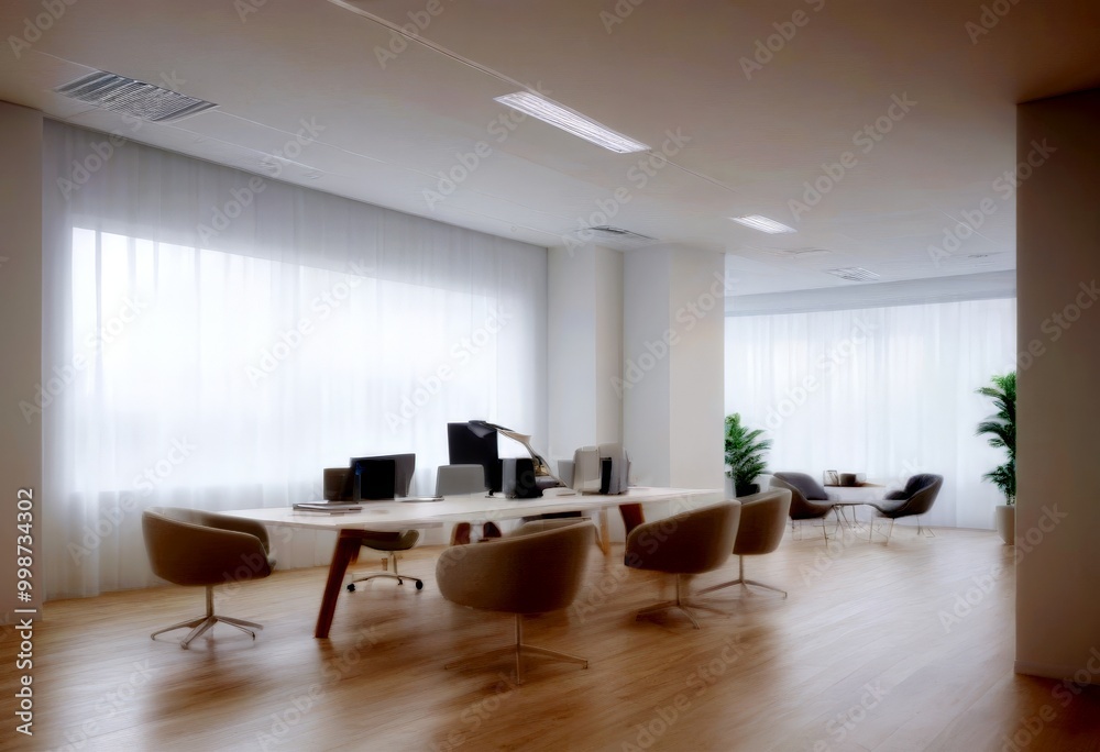 Aufkleber a modern office space with a long table, chairs, and a computer setup, illuminated by natural light 