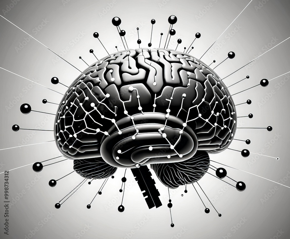 Poster a brain, with its intricate network of nerves and connections, surrounded by a multitude of black sp