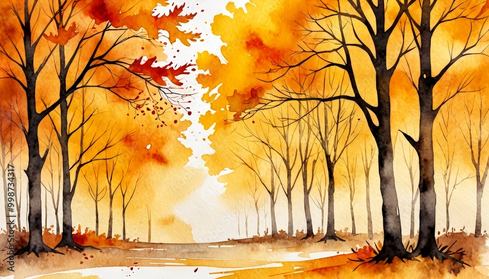 Poster a watercolor painting depicting a serene autumn scene with a winding path through a forest of bare t