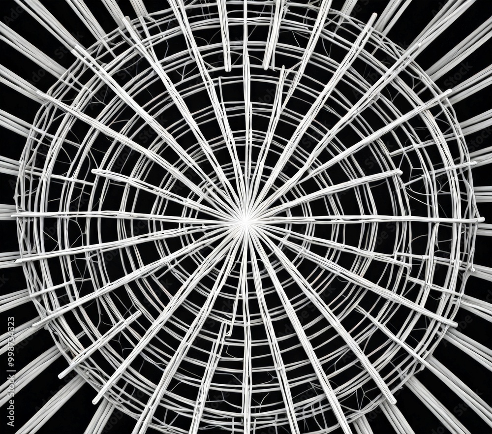 Leinwandbilder a black and white abstract composition featuring a radial pattern of thin, intersecting lines that create a sense of depth and complexity