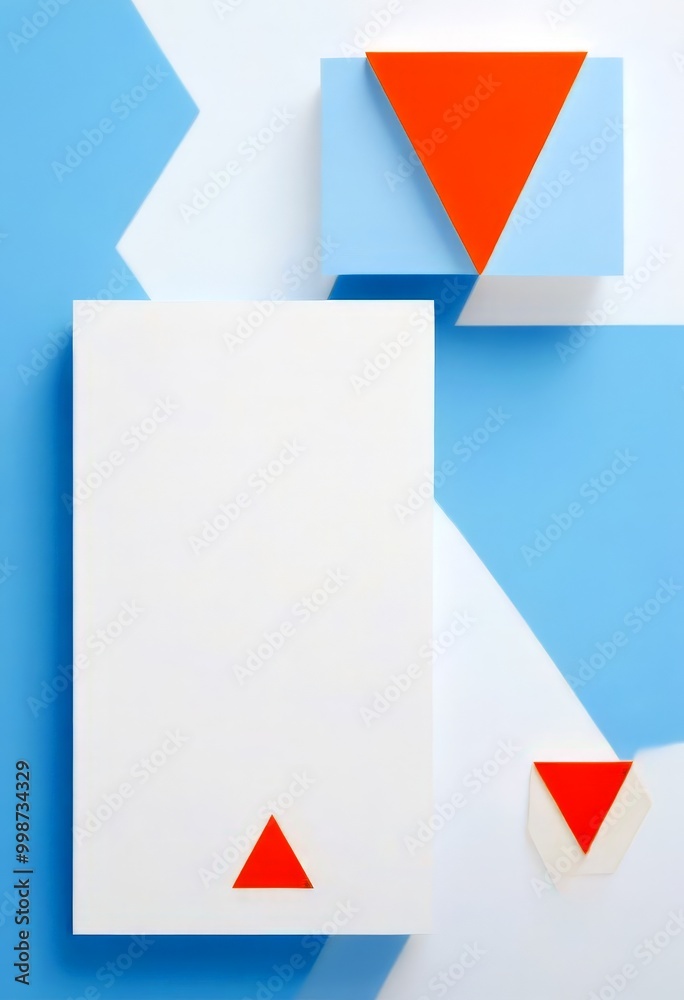 Poster a minimalist geometric composition with a white rectangular form on the left, an orange triangle on 