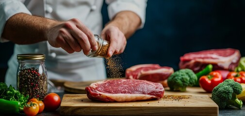 Sizzling Closeup Chef Sprinkling Spices on Raw Steak, Rich Flavors, Dark Blue Background - Culinary Creativity for Food Blogs, Recipes, Cooking Magazines