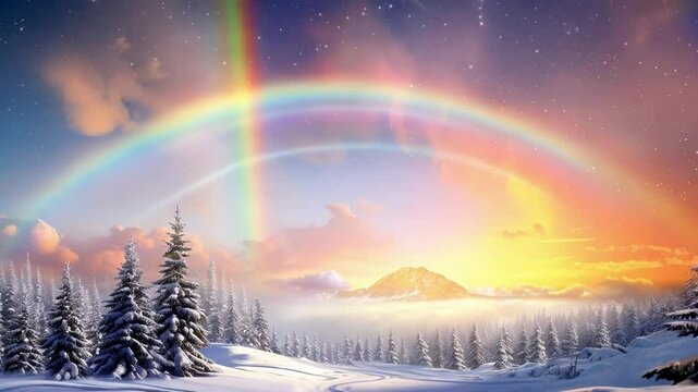Stunning winter scene with snow covered trees, double rainbow, and sunset glow, creating a magical christmas atmosphere