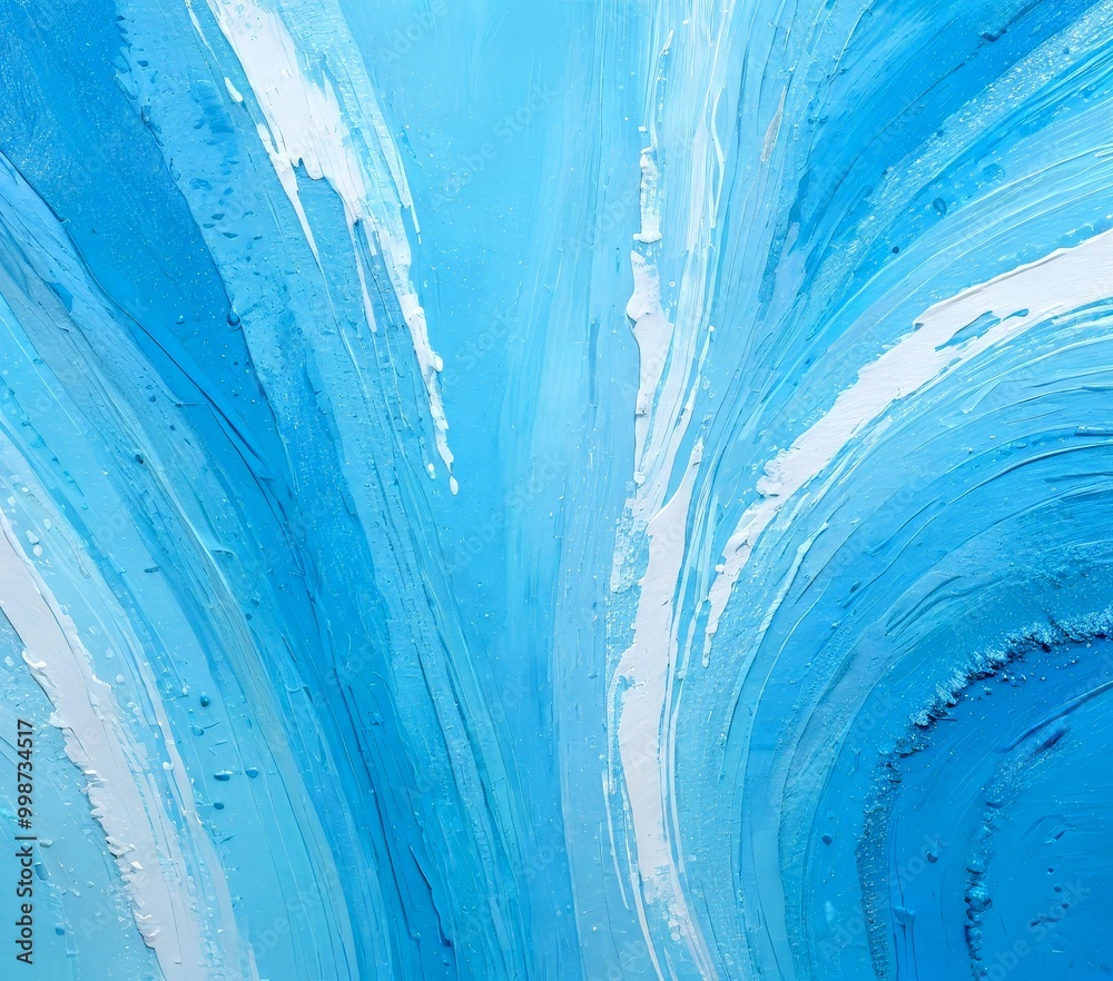Aufkleber an abstract painting featuring a vibrant blue background with white and blue brushstrokes, creating 