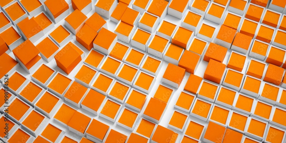 Poster A geometric pattern composed of numerous orange cubes arranged in a grid-like formation, with some cubes slightly tilted to the right