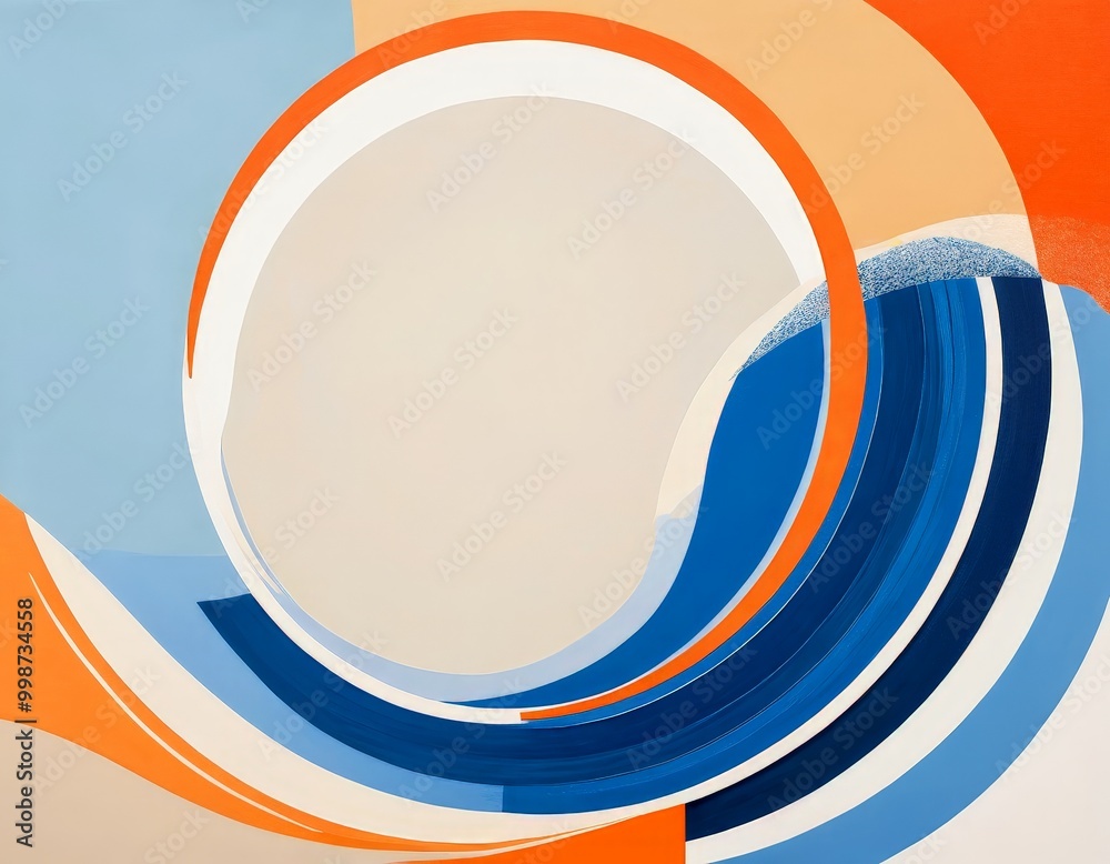 Poster abstract artwork featuring a large white circle with a curved orange and blue wave-like pattern surr