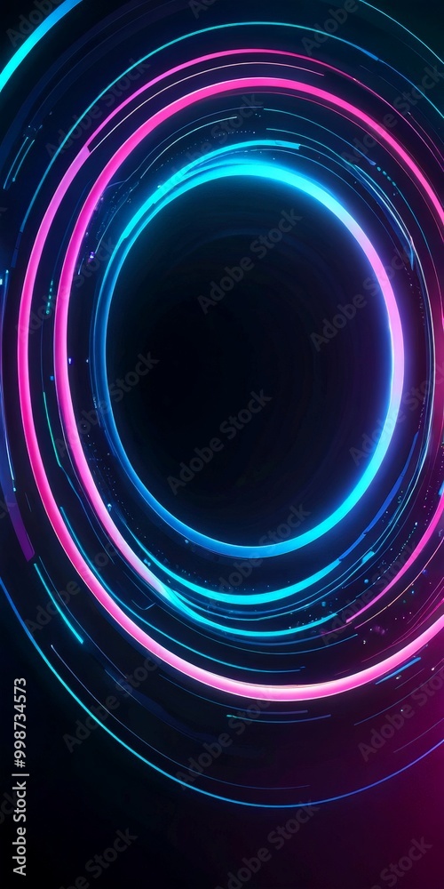 Poster a circular pattern of neon-colored lines and a black center, creating a visually striking and abstract design