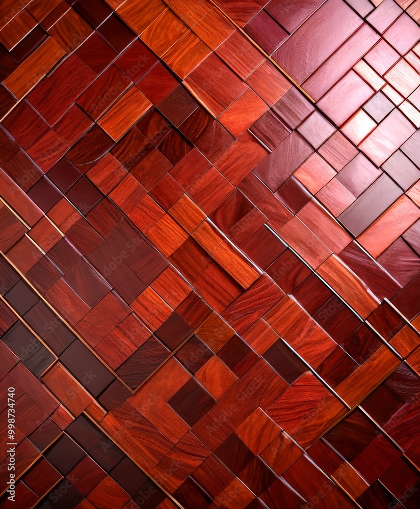 Fototapete a close-up view wooden surface composed of numerous square tiles arranged in a diagonal pattern The tiles exhibit a rich, dark brown color, with subtle variations in