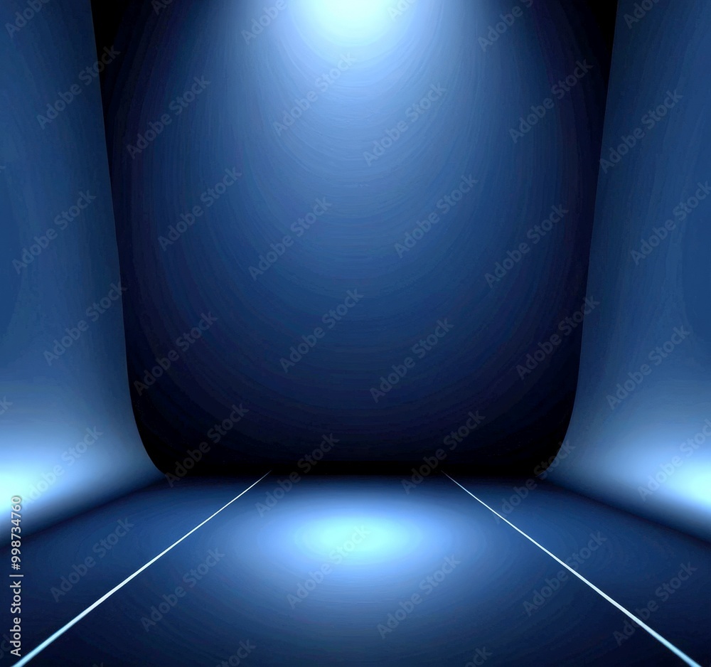 Leinwandbilder A dark, empty room with a curved wall and a white line running down the center, illuminated by a single light source