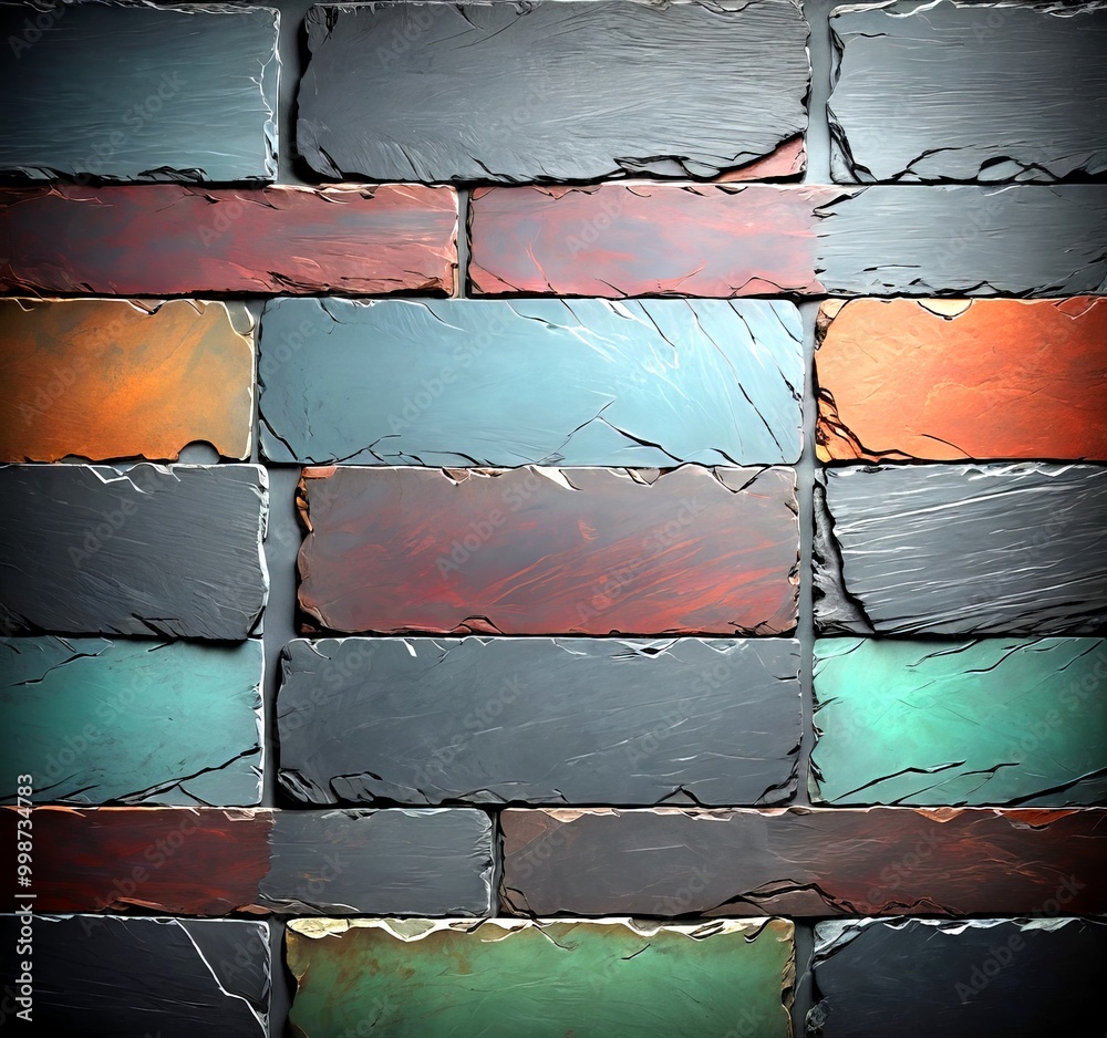 Poster a close-up view textured surface composed of rectangular tiles in various colors and patterns, arranged in a grid-like pattern