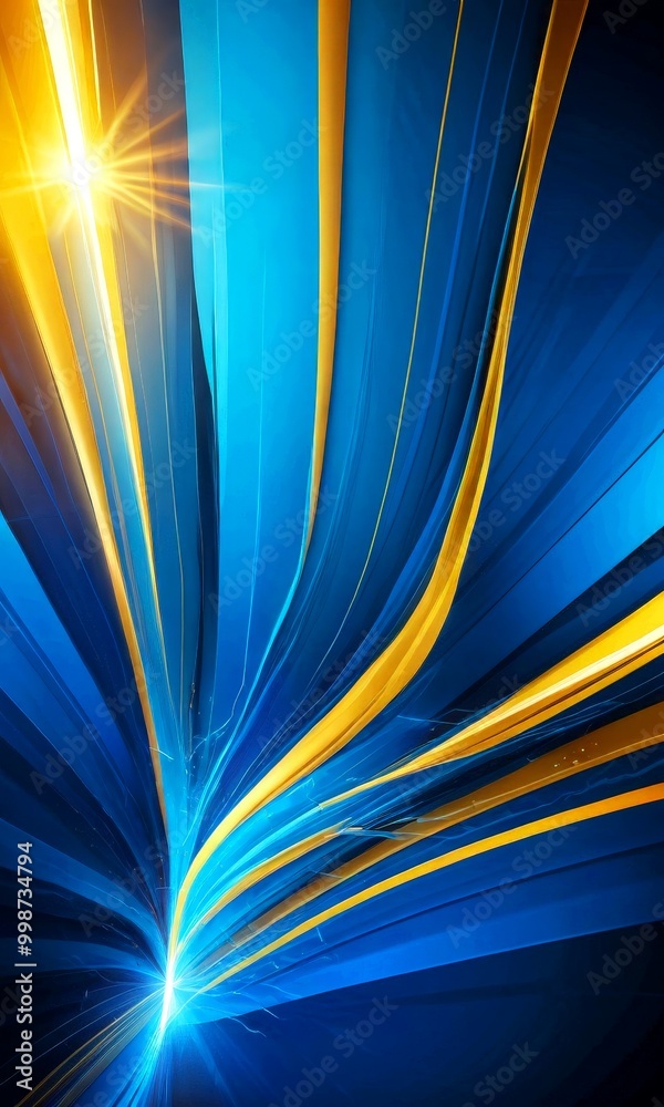 Aufkleber a vibrant abstract composition with blue and yellow lines and rays radiating outwards, creating a dynamic and energetic visual effect.