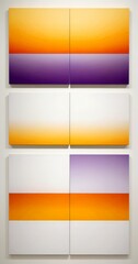 a series of six abstract paintings arranged in two rows of three, each depicting a gradient of colors transitioning from white to orange and purple