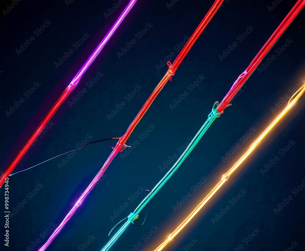 Poster a close-up view series of multicolored wires, with the wires arranged diagonally and connected by a single wire