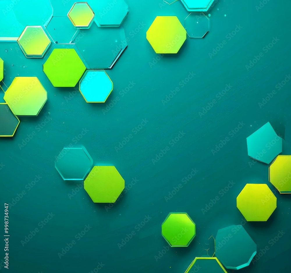 Poster a collection of hexagonal shapes in various shades of green and yellow, arranged in a scattered pattern against a dark green background