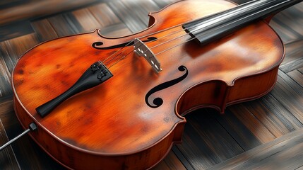 Fototapeta premium Close-up of a beautifully crafted wooden violin resting on a textured floor, capturing its elegant curves and rich color.