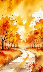 A watercolor painting depicting a winding road through a forest of autumn-colored trees, with splashes of yellow and orange paint throughout the scene