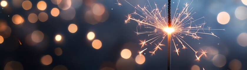 A close-up of a sparkling sparkler against a blurred background of golden lights, evoking a festive and celebratory atmosphere.