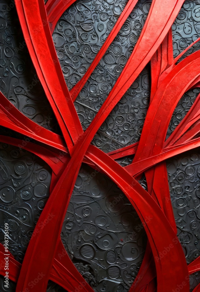 Poster a striking abstract composition of curved red lines intersecting and overlapping against a dark background with a pattern of small circles