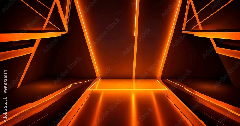 Poster a futuristic interior space with a geometric design featuring intersecting lines and a central glowing platform