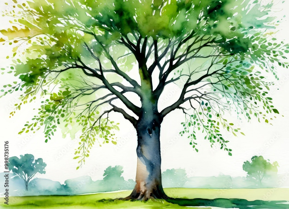 Poster a watercolor painting depicts a large tree with a thick trunk and numerous branches, surrounded by a