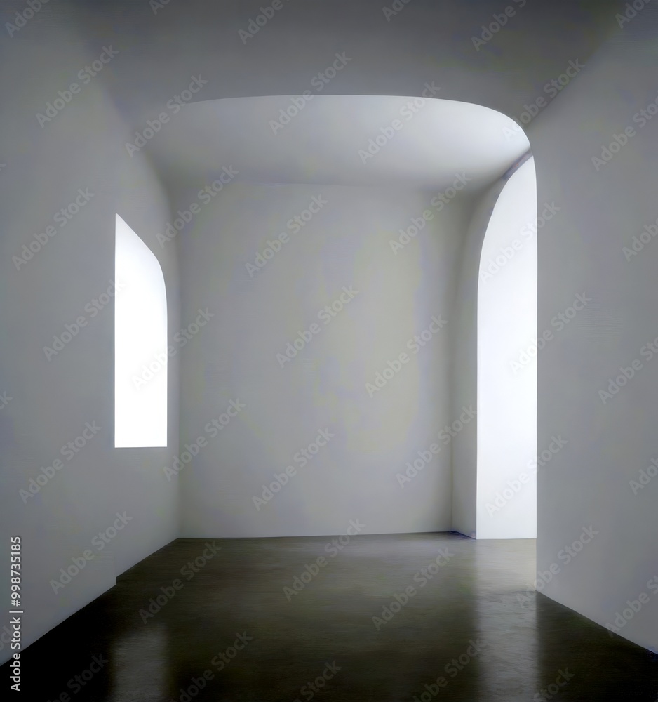 Aufkleber a minimalist interior space with a white color scheme, featuring two arched windows on the left and 