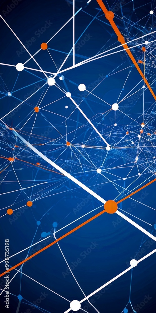 Poster a complex network of interconnected lines and dots in shades of blue and orange, creating a visually striking abstract pattern.