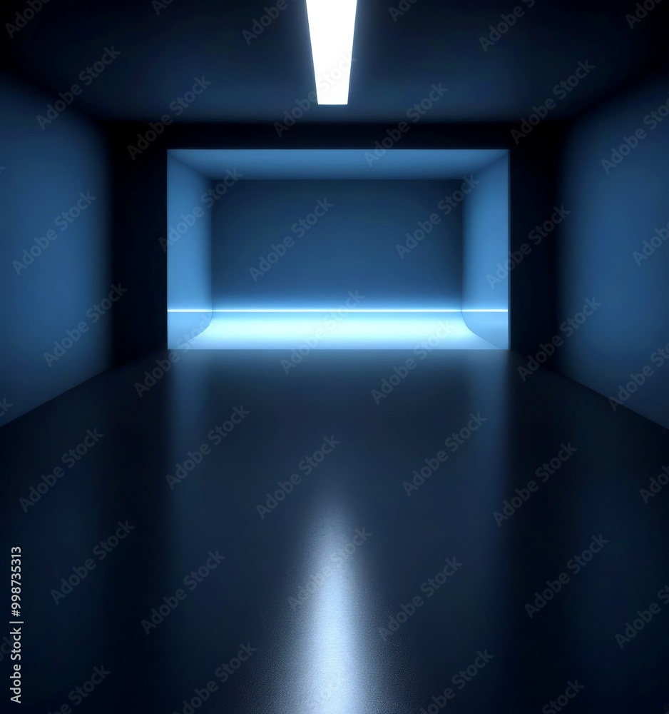 Poster a minimalist, dark room with a single, rectangular light source at the top, casting a bright, white 