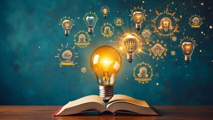 Creative Ideas Emanating from a Book with Glowing Light Bulbs