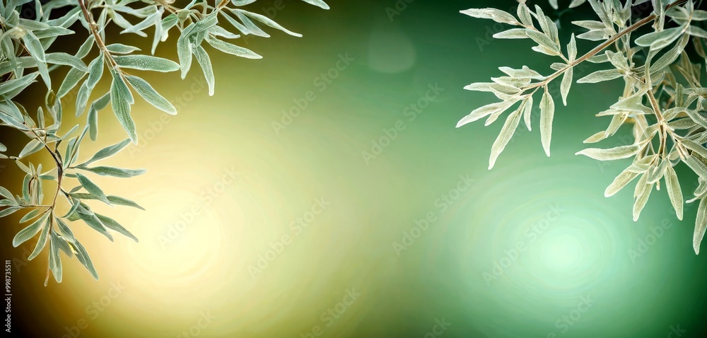 Poster a close-up view branch with green leaves against a blurred, gradient background