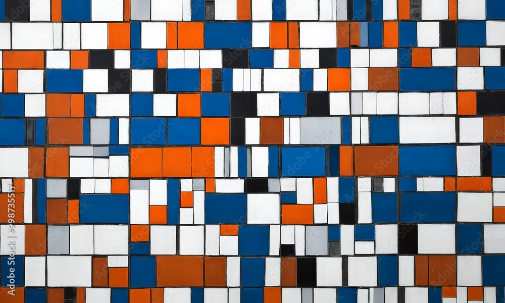 Poster a close-up view wall composed of square tiles in various shades of blue, white, orange, and black, a