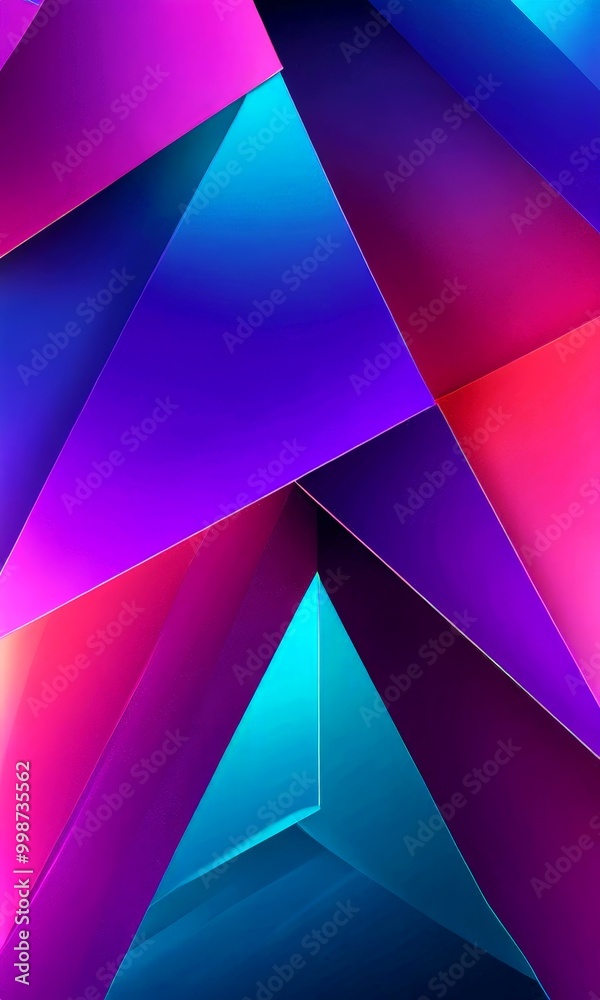 Poster a vibrant abstract composition of overlapping triangular shapes in various shades of purple, blue, and pink, creating a dynamic and visually striking pattern