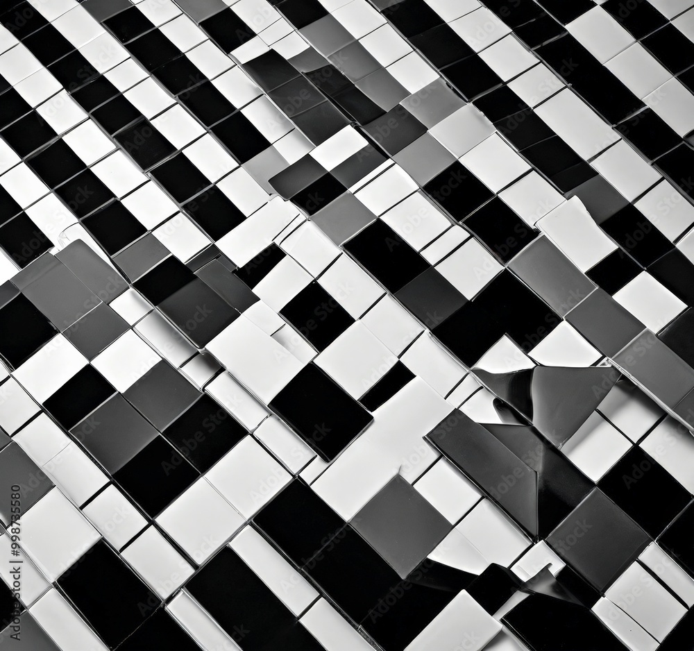 Poster a black and white photograph building facade composed of numerous square tiles arranged in a diagonal pattern, creating a visually striking and geometric design