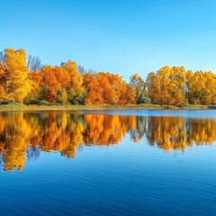 Serene lake surrounding by trees ablaze with autumn colors, reflecting the beauty of the season in the tranquil water.