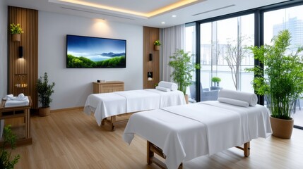 Fototapeta premium Luxury Massage Room with Relaxing Ambiance and Lighting