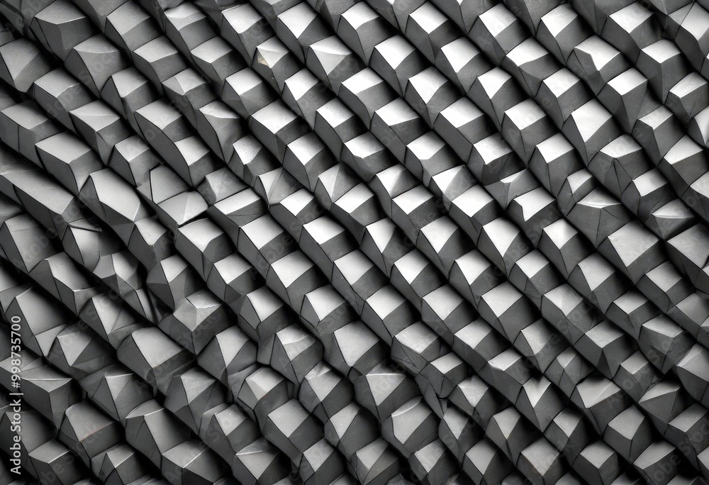 Poster a close-up view geometric pattern composed of numerous small, square-shaped cubes arranged in a repeating diagonal pattern The cubes are black and white, creating a