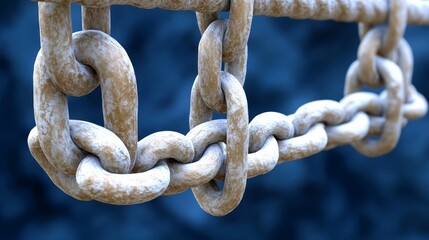 Fototapeta premium Close-up of a weathered metal chain with detailed links, showcasing texture and strength against a blurred blue background.
